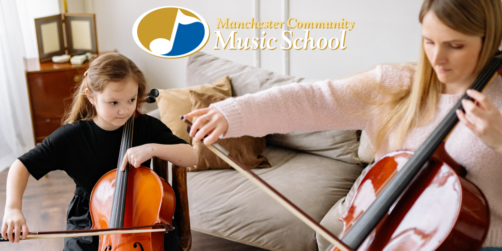 Cello lesson with mom and child